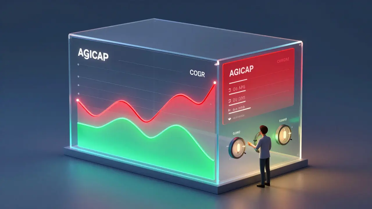 Ein digitales Dashboard zeigt fließende Cashflows in einem Gebäude, mit warnenden roten Zonen bei steigenden Energiekosten.