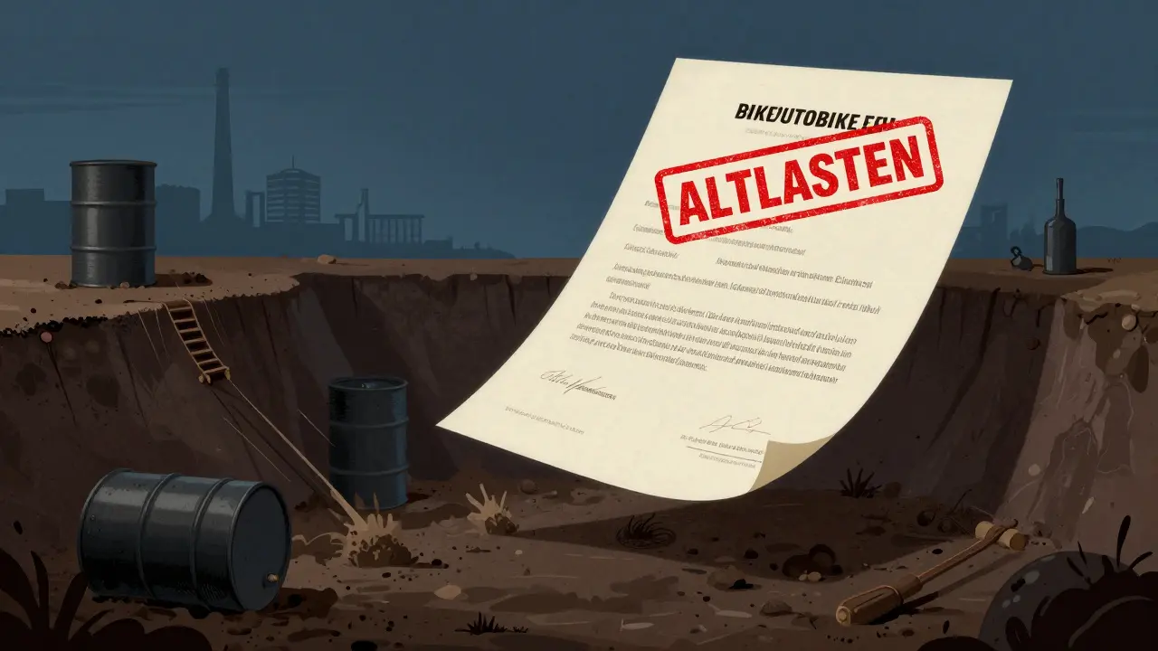 Ein Grundstücksvertrag mit einem roten Altlasten-Stempel, darüber schädliche Substanzen im Boden und versteckte Industrie-Reste.