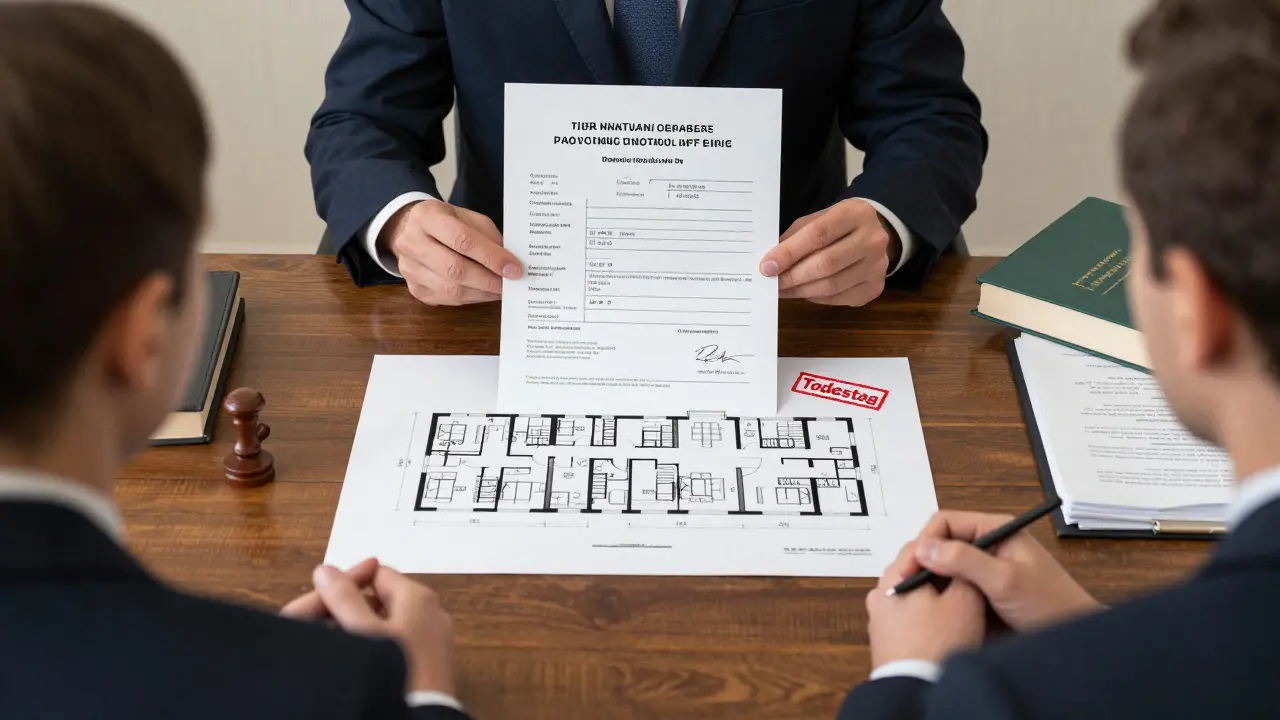 Ein Notar präsentiert ein Gutachten zur Immobilienwertermittlung vor Erbe und Pflichtteilsberechtigtem.