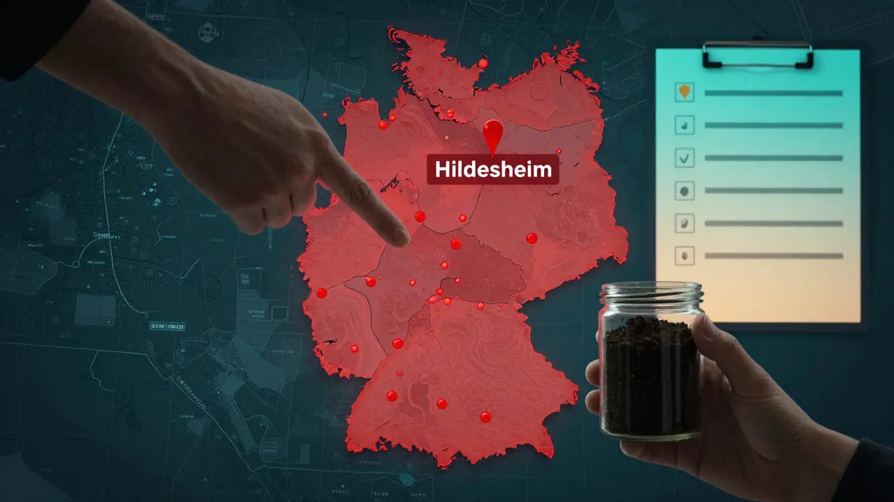 Eine digitale Deutschlandkarte mit Warnpunkten für Altlasten, eine Hand hält eine Bodenprobe neben einer Checkliste.