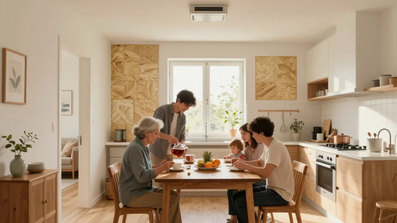 Eine Familie teilt eine Küche in einem renovierten Haus, während hinter offenen Türen die privaten Wohnbereiche der drei Generationen sichtbar sind.