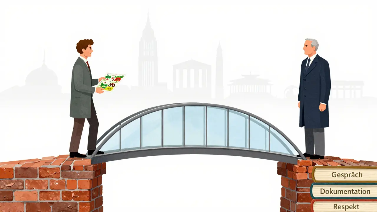 Eine symbolische Brücke verbindet einen Bürger mit einem Denkmalpfleger – für Respekt und Dialog.