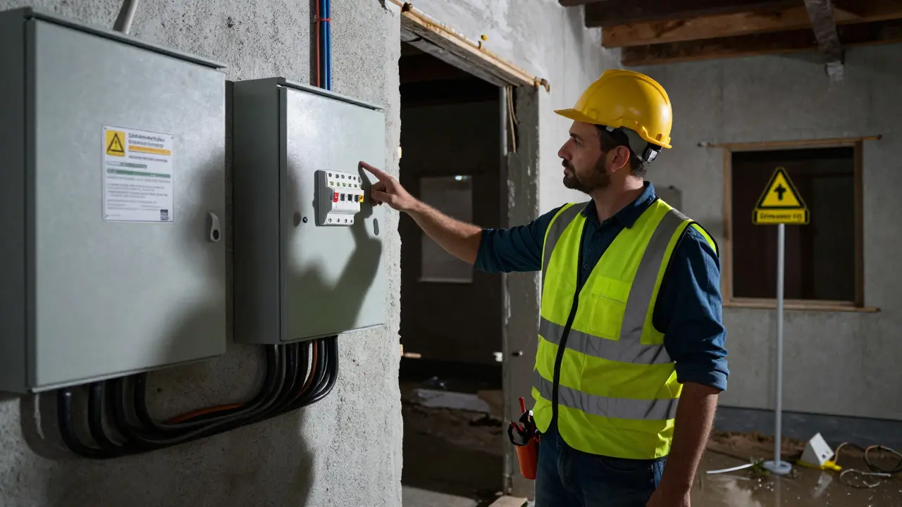 Elektro-Inspektor prüft fehlenden Fehlerstromschutz an einem Baustromkasten auf einer Baustelle.