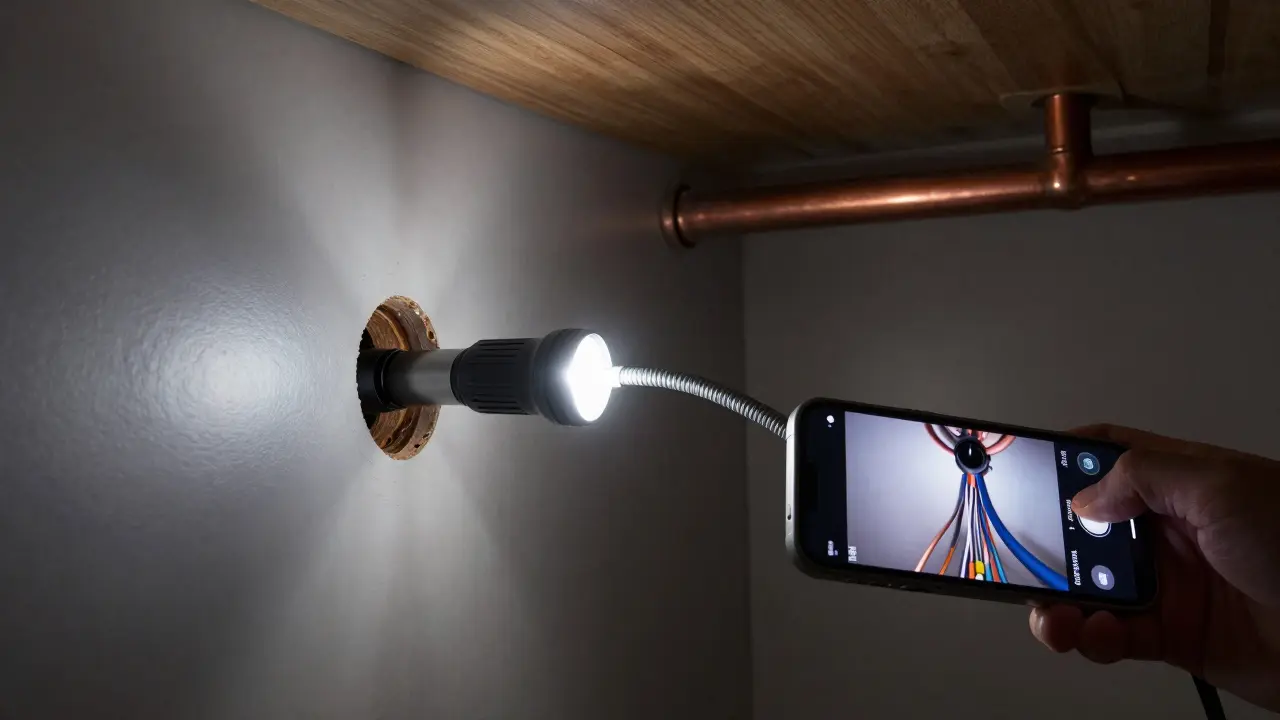 Endoskopkamera sendet Echtzeitbilder einer Kupferleitung aus einer Wandbohrung zu einem Smartphone.