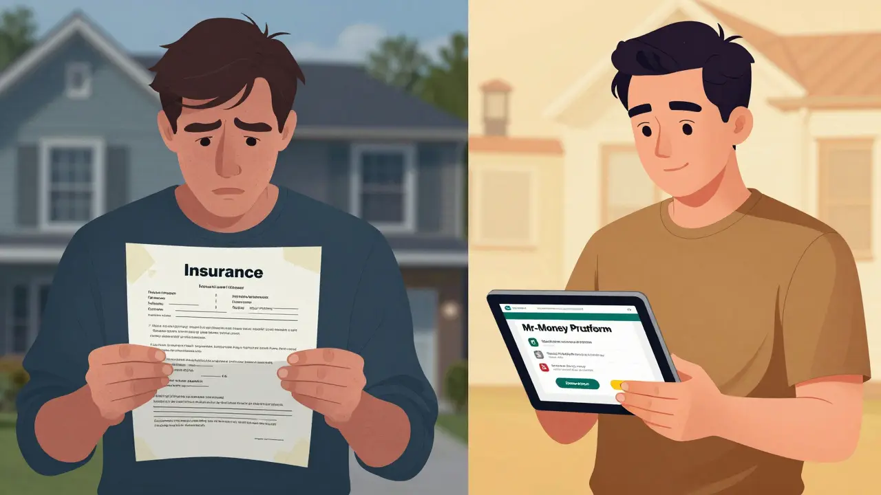 Gegenüberstellung eines untersicherten Hausbesitzers und eines mit optimierter Versicherung, die Elementarschutz und Überspannung abdeckt.