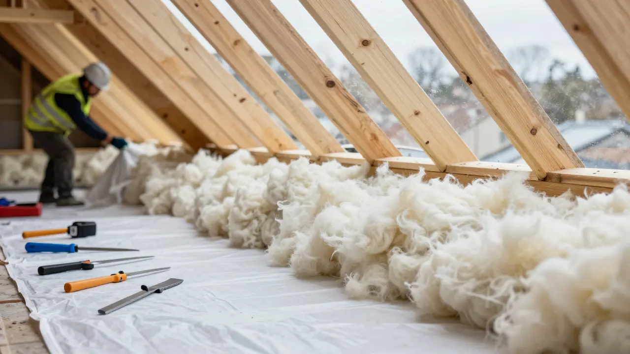 Handwerker verlegt Dämmstoff zwischen Holzbalken im Dachausbau.