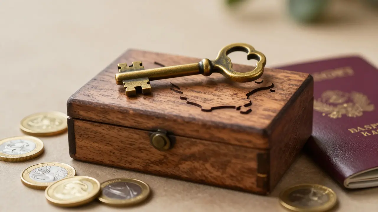 Haus Schlüssel und Münzen liegen neben einer stilisierten Karte der Iberischen Halbinsel.