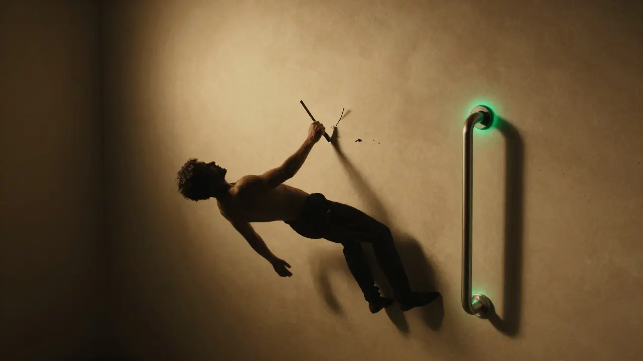 Kontrast: Ein lockerer Haltegriff reißt aus der Wand, während ein richtig montierter Halt bietet – symbolisch für Sicherheit.