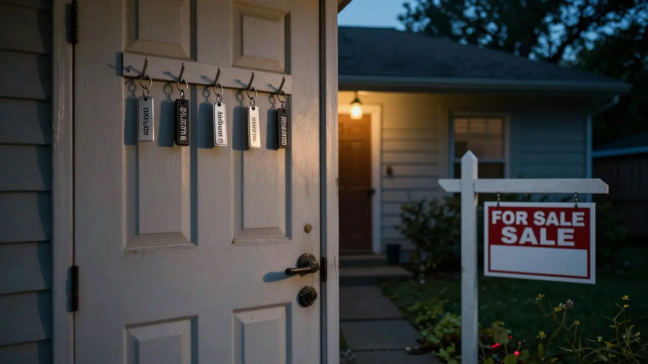 Leeres Familienhaus mit fünf Schlüsselbund an der Tür und einem Verkaufsschild im Garten, symbolisiert die Erbengemeinschaft.