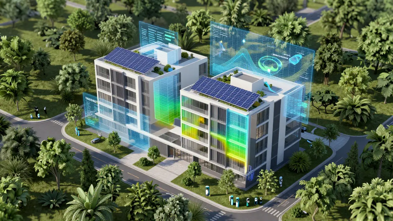 Nachhaltiges Gebäude mit Solaranlagen und Ladesäulen im Grünen.