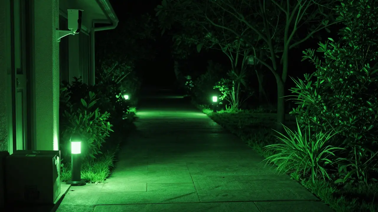 Nachtsicht-Kamera-Ansicht eines beleuchteten Weges bei Nacht