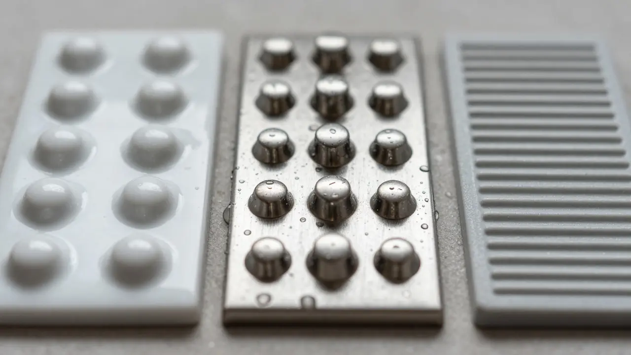 Nahansicht von drei verschiedenen taktilen Elementen: Keramik-Noppen, Edelstahl-Noppen und eine Rippenleiste im Boden.