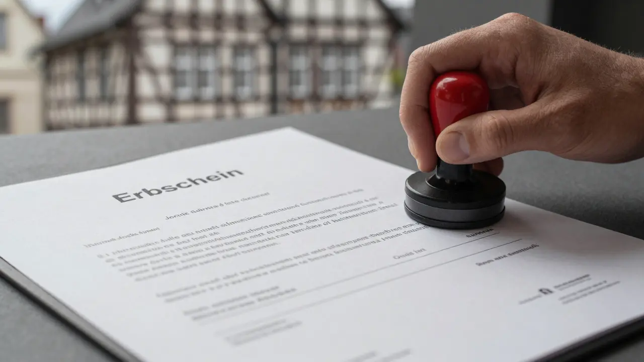 Notar stempelt einen Erbschein neben einem gemeinsamen Bankkonto, symbolisiert die rechtliche Grundlage des Verkaufs.