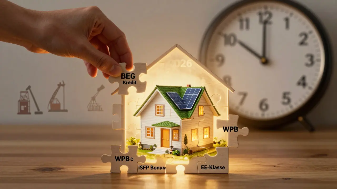 Puzzle-Stücke bilden ein energieeffizientes Haus, mit Bonus-Elementen und Countdown bis 2026.