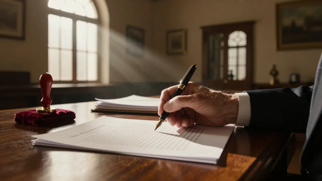 Schreibtisch in Notarbüro mit Stempel und Dokumenten im warmen Licht.