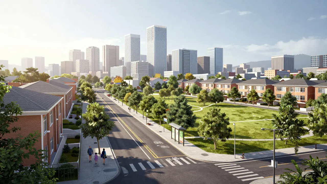Stadtviertel mit Familie, Schule und Grünflächen im Sonnenlicht.