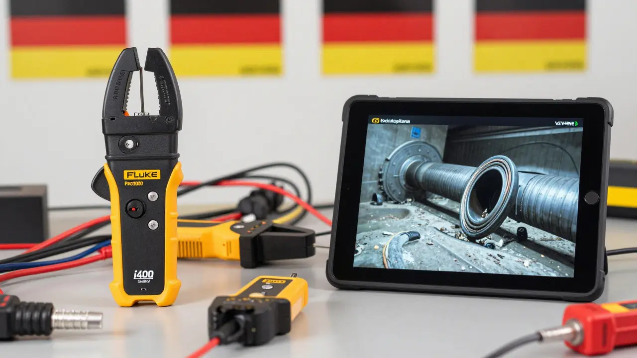 Vergleich von Leitungssucher und Endoskopkamera auf einer Werkbank mit Werkzeugen.