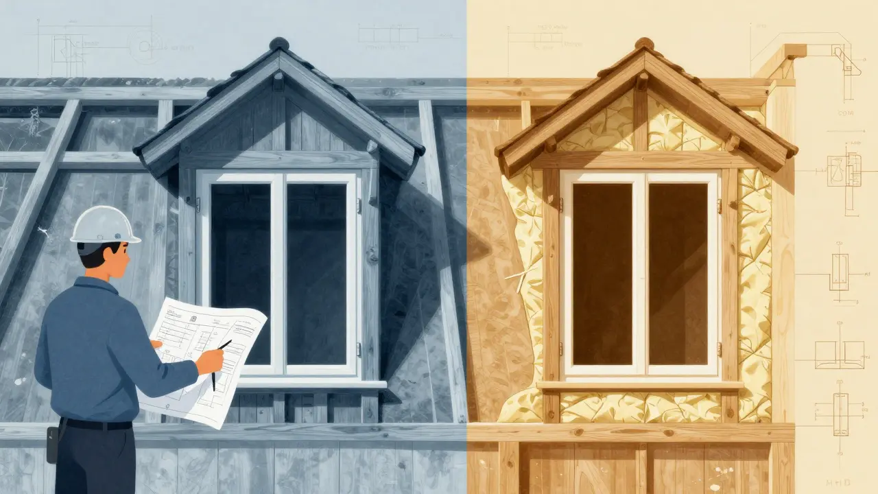 Vergleich zwischen alter, schwacher Dachkonstruktion und moderner, verstärkter Dachgaube mit Isolierung und technischen Details.