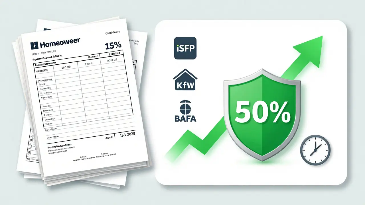 Vergleichsdarstellung: Unoptimierte Sanierung mit niedriger Förderung links, optimierte Sanierung mit iSFP und KfW-BAFA-Kombination rechts mit 50 % Förderung.
