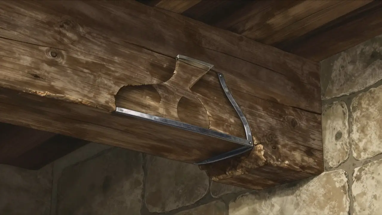 Versteckter Stahlschuh verstärkt einen alten Holzbalken, ohne dessen historische Optik zu stören.