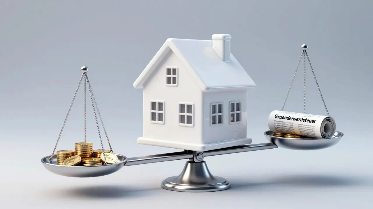 3D-Darstellung eines Hauses auf einer Waage mit Münzen als Symbol für Nebenkosten.