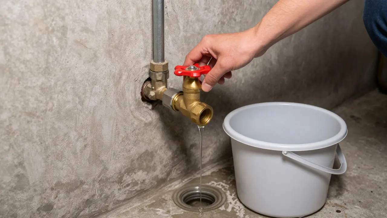 Absperren einer Außenleitung im Keller mit Auffangbecken für Restwasser