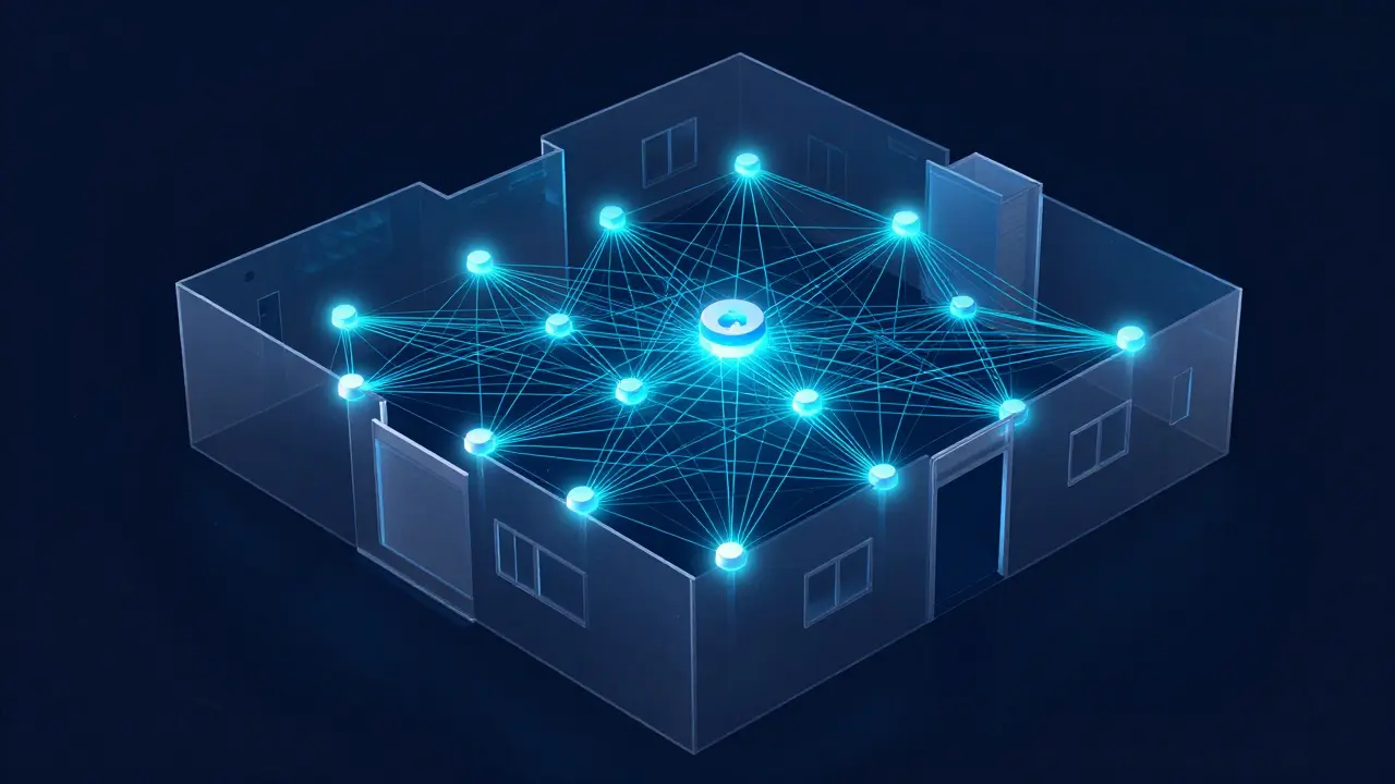 Abstrakte Darstellung eines Smart-Home-Mesh-Netzwerks in einem Haus