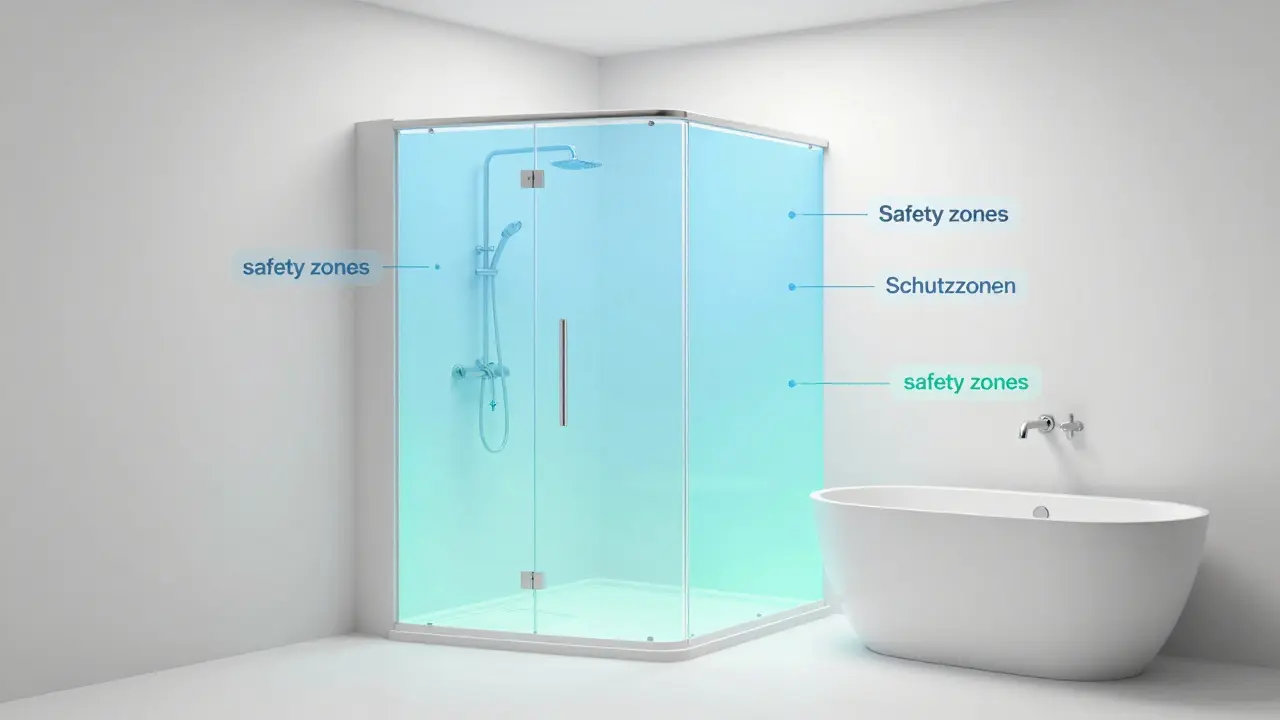 Architektonische Darstellung der verschiedenen Schutzzonen in einem Badezimmer.