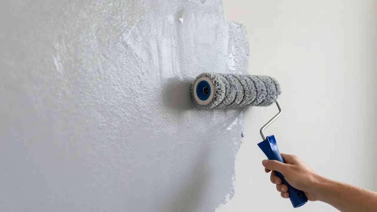 Auftragen von grauer Wandfarbe mit der Nass-in-Nass-Technik für ein glattes Ergebnis.