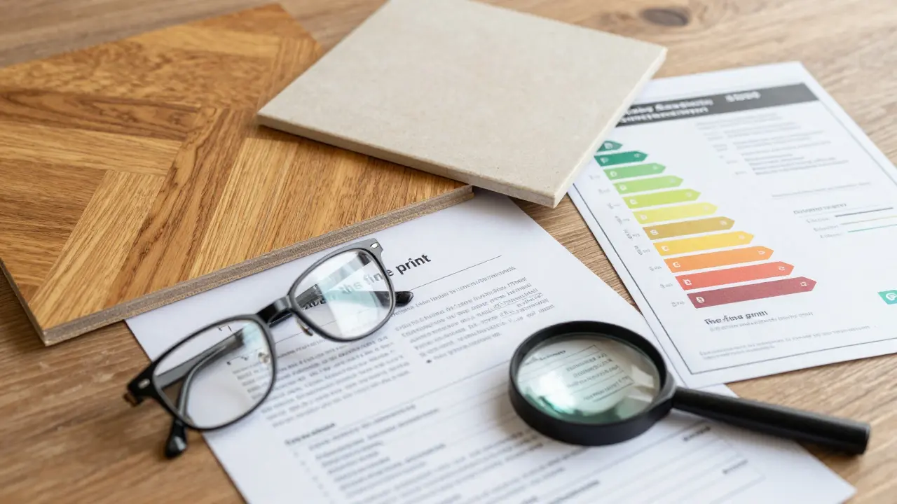 Baubeschreibung mit Materialmustern und Lupe auf einem Arbeitstisch