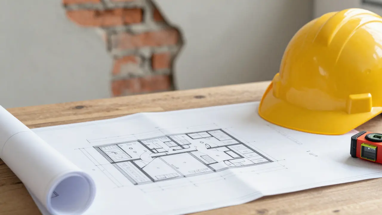 Bauplan und Helm vor einer geöffneten Wand im Altbau zur statischen Prüfung.