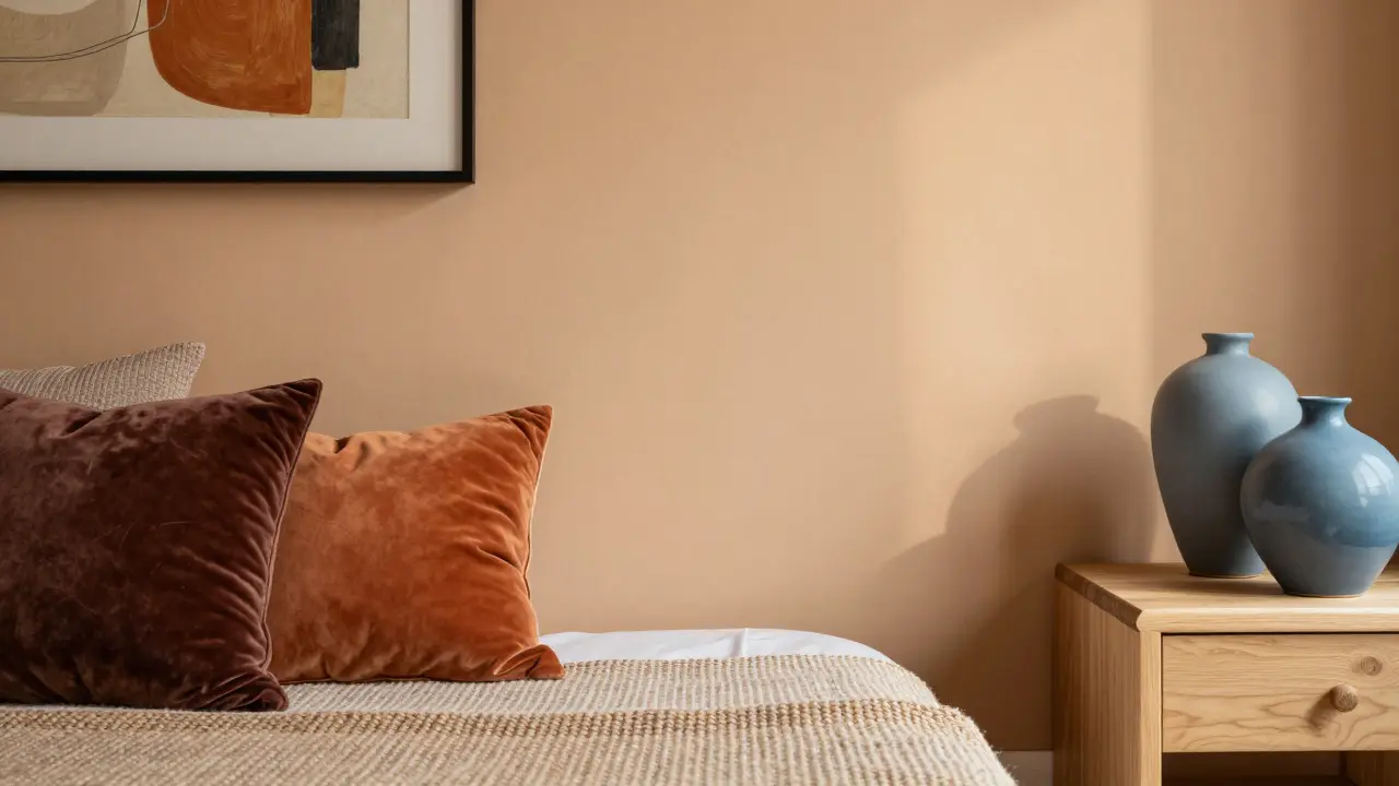 Beige Wand mit blauen Akzenten und natürlichen Texturen im Innenraum