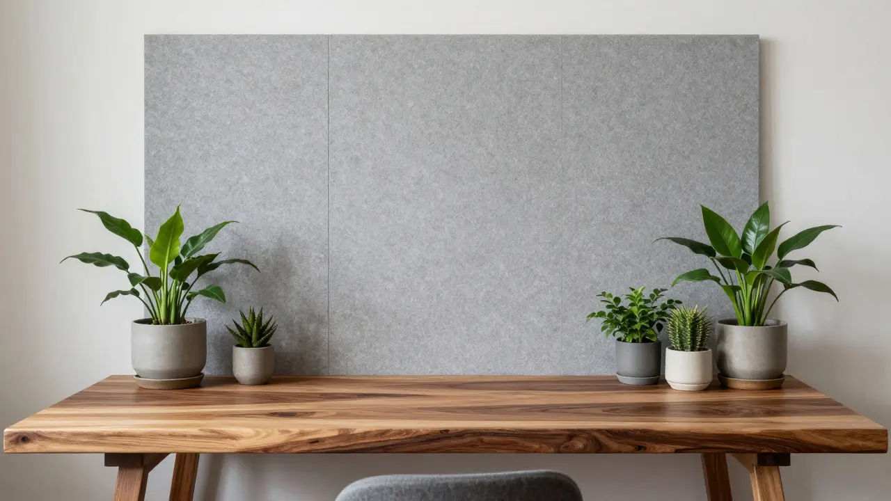 Biophiles Home-Office mit Massivholzschreibtisch, PET-Filzpaneelen und Pflanzen.