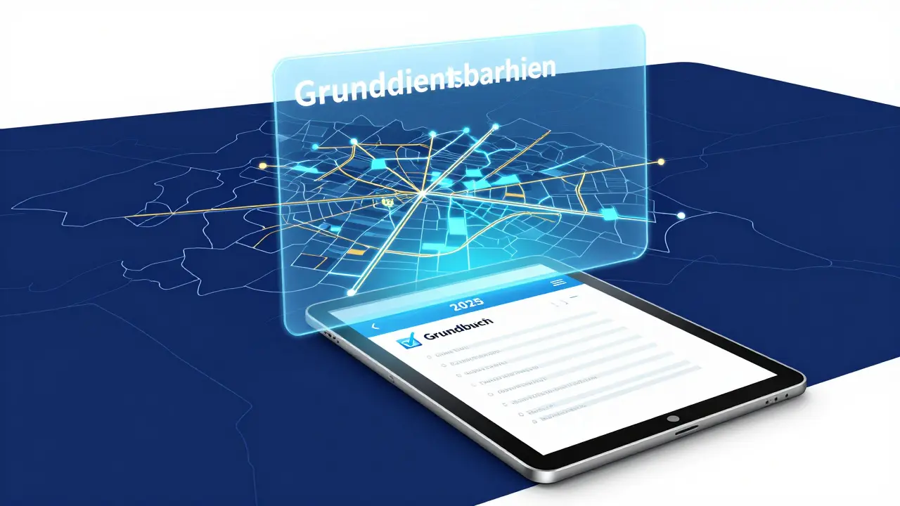 Digitale Darstellung eines Grundbuchs mit holografischen Grundstücksgrenzen.