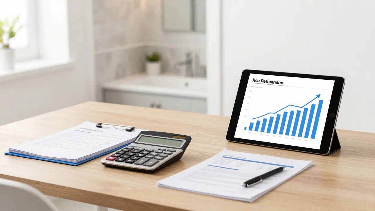 Ein aufgeräumter Schreibtisch mit Finanzplanungsunterlagen und Blick auf ein renoviertes Bad.