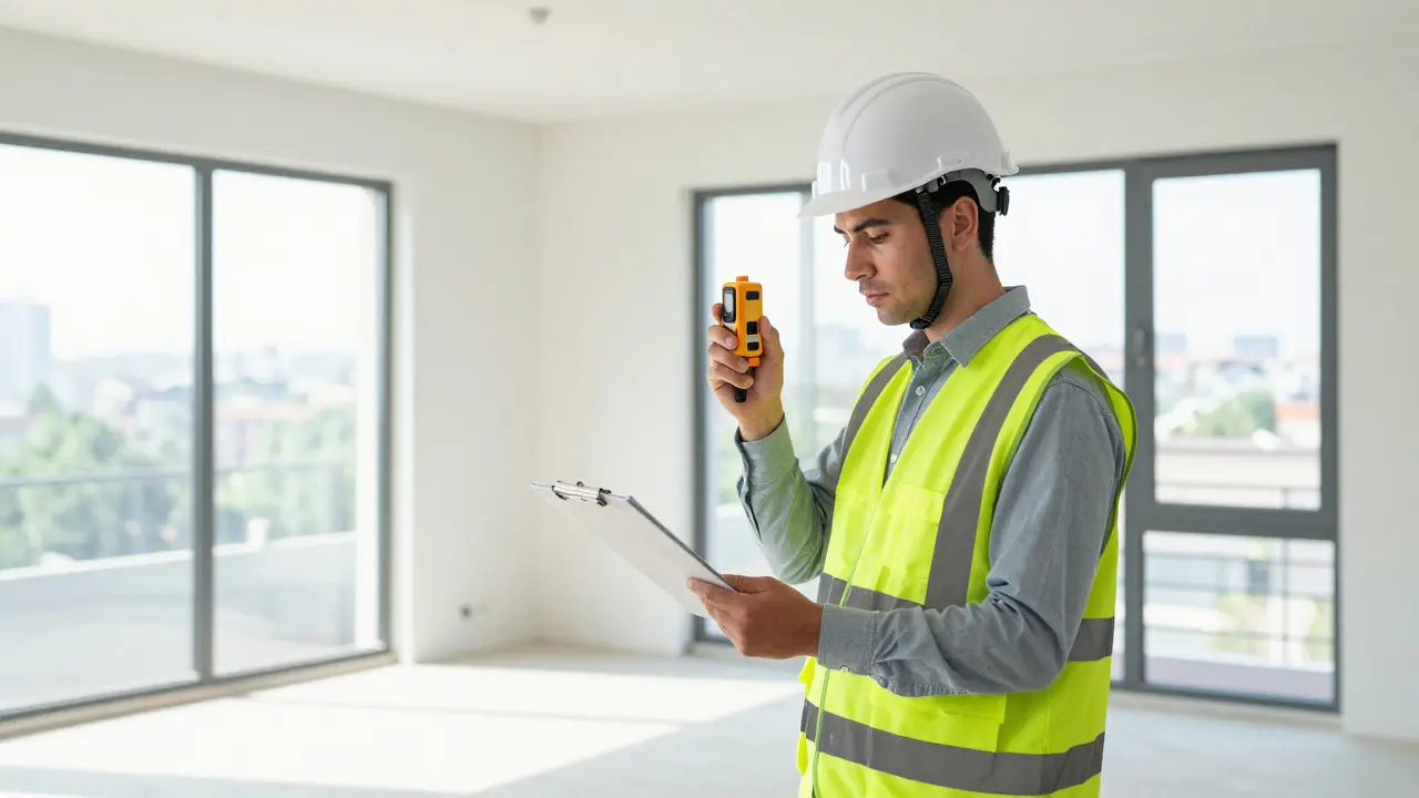 Ein Baugutachter prüft die Materialqualität in einer neuen Wohnung.