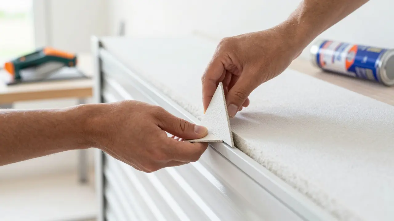 Einbau von Styropor-Dämmplatten in einen geöffneten Rollladenkasten zur Wärmedämmung.