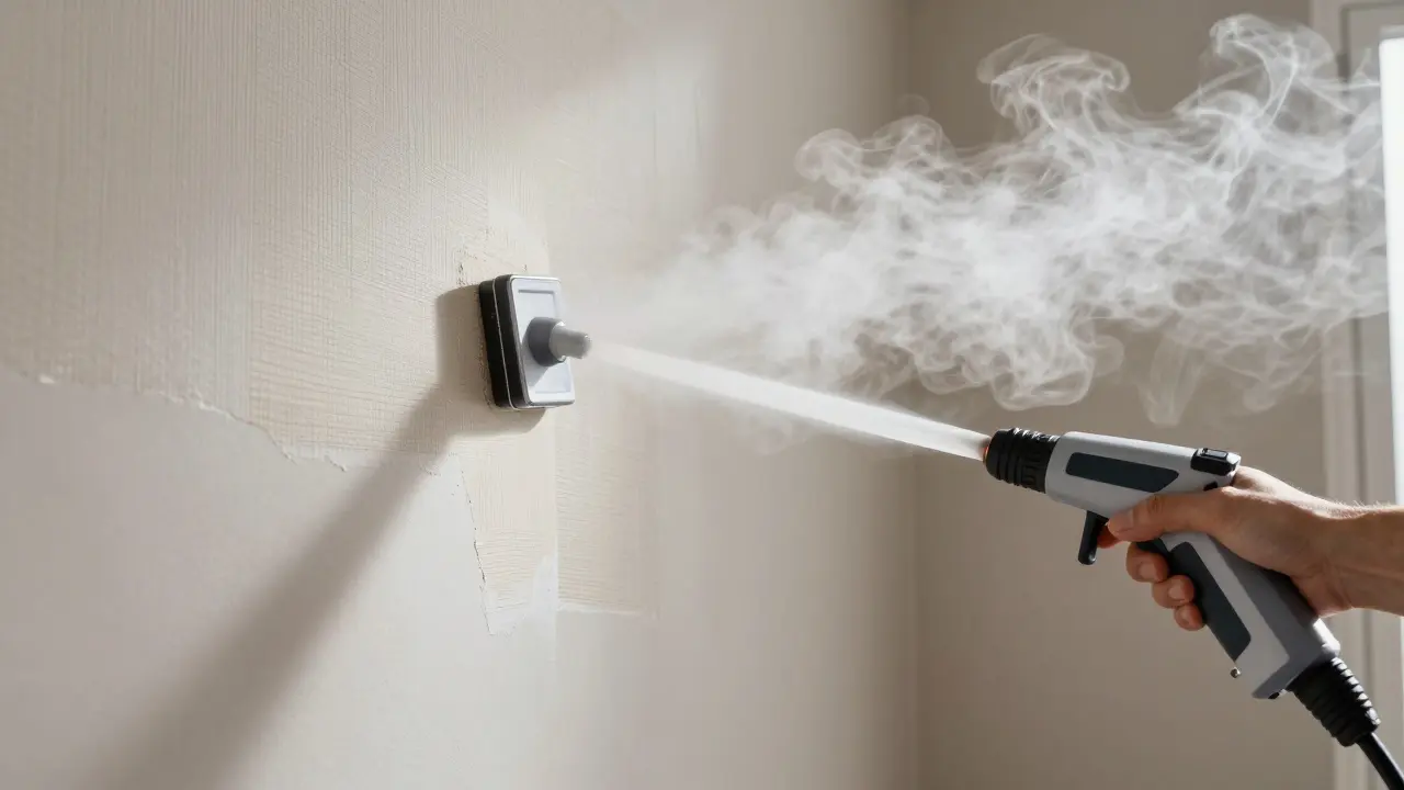 Einsatz eines Dampfgeräts zum Lösen hartnäckiger Tapetenschichten an einer Wand.