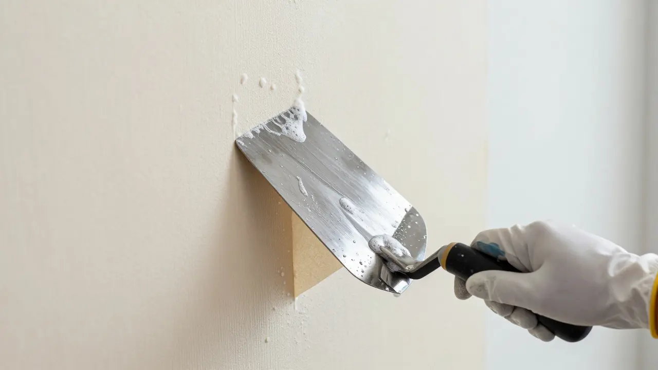 Entfernen einer eingeweichten Tapete mit einem Spachtel in einem flachen Winkel.