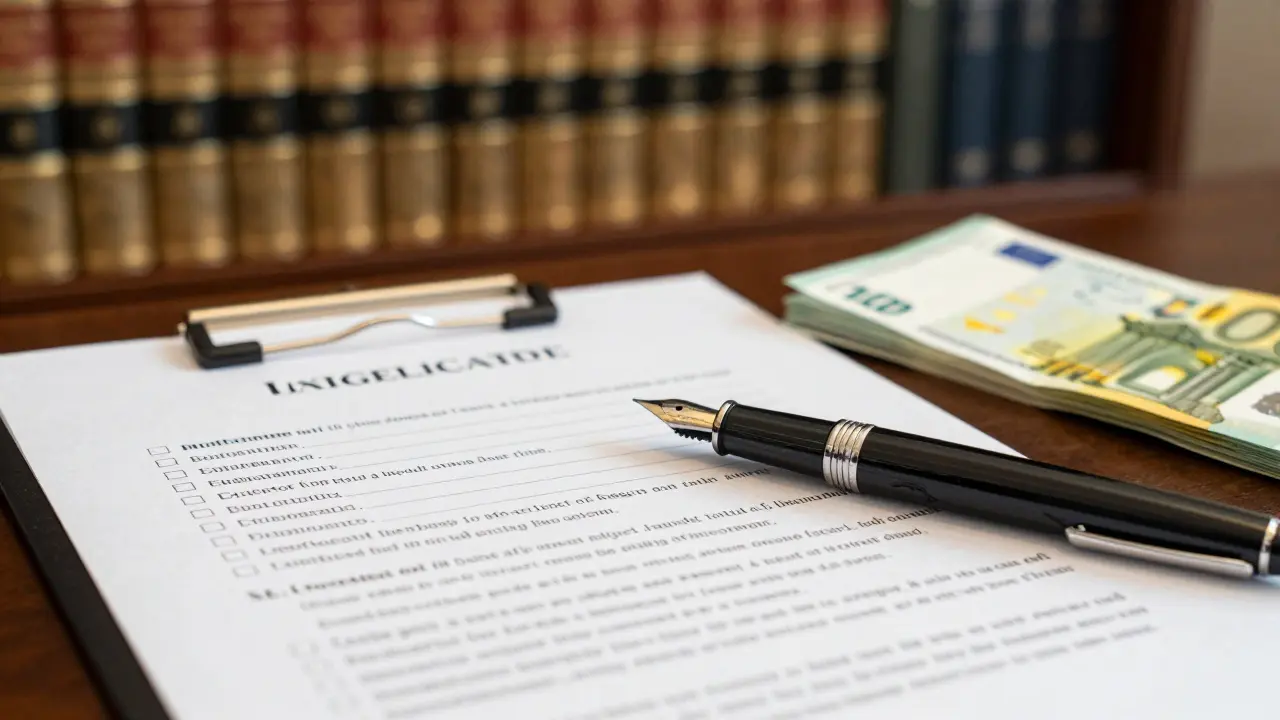 Füller und Kaufvertrag in einem Notarbüro mit einer Checkliste für die Immobilienplanung.