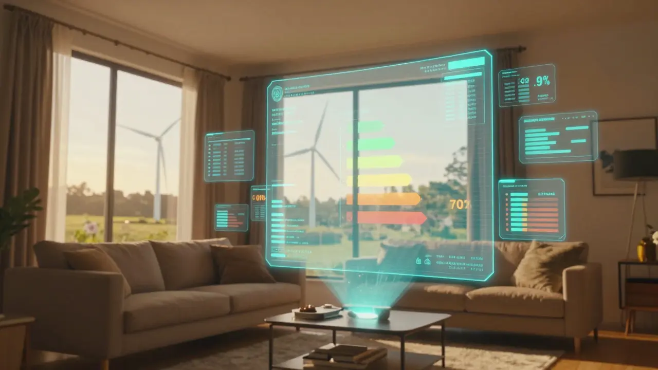 Futuristisches Wohnzimmer mit holografischen Energiedaten und Blick auf Windkraftanlagen.