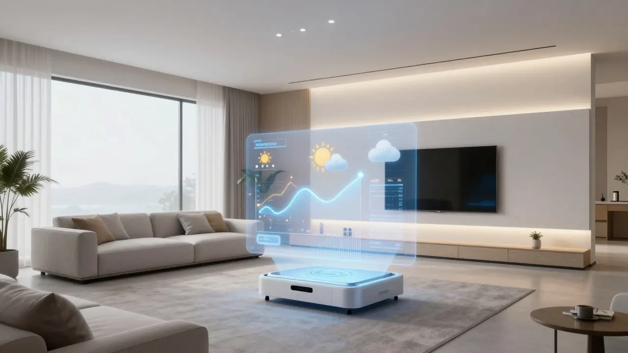 Futuristisches Wohnzimmer mit holografischer KI-Steuerung für die Heizung und Wettervorhersage.
