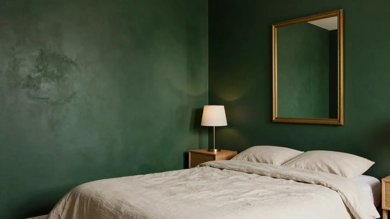 Gemütliches Schlafzimmer mit dunkelgrüner Wand und hellen Holzmöbeln