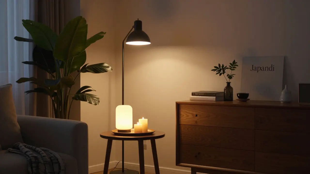 Gemütliches Wohnzimmer im Japandi-Stil mit warmem Lichtkonzept und grüner Pflanze.