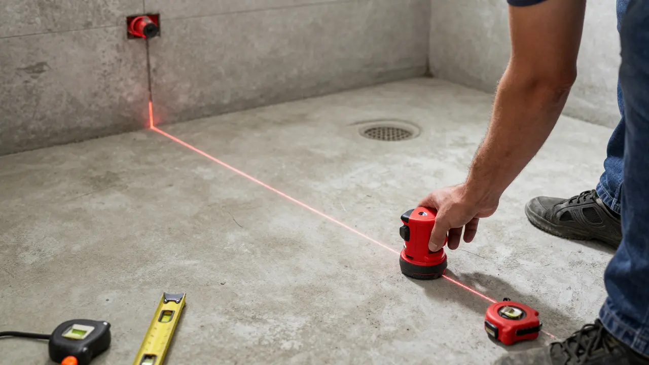 Handwerker misst das Gefälle eines Duschbodens mit einem Lasergerät.