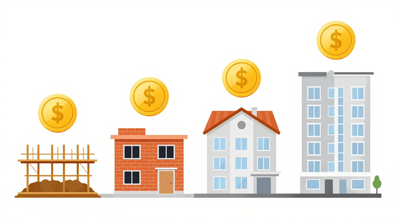 Illustration eines Baufortschritts mit gekoppelten Zahlungsmeilensteinen.