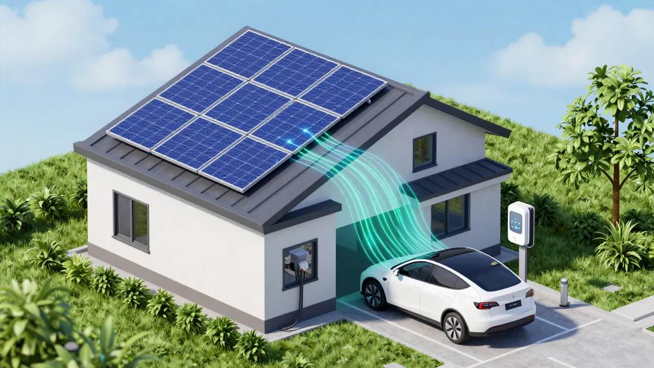 Isometrische Darstellung eines Hauses mit Photovoltaik, Elektroauto und Smart-Meter-Vernetzung.
