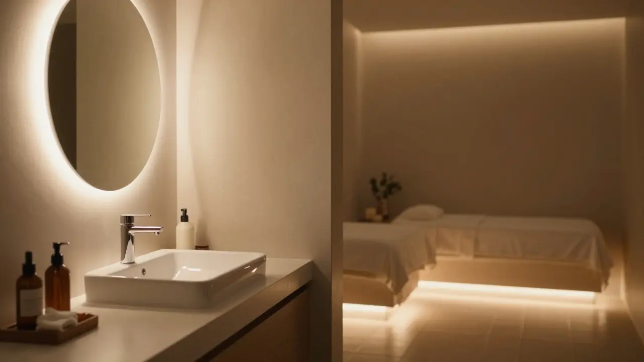 Kontrast zwischen funktionalem Badlicht und entspannender, indirekter LED-Beleuchtung in Warmweiß.