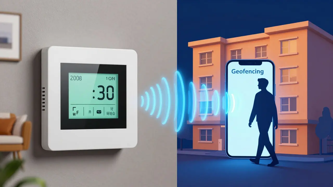 Konzeptgrafik zur Geofencing-Technologie: Smartphone steuert die Heizung beim Verlassen des Hauses.