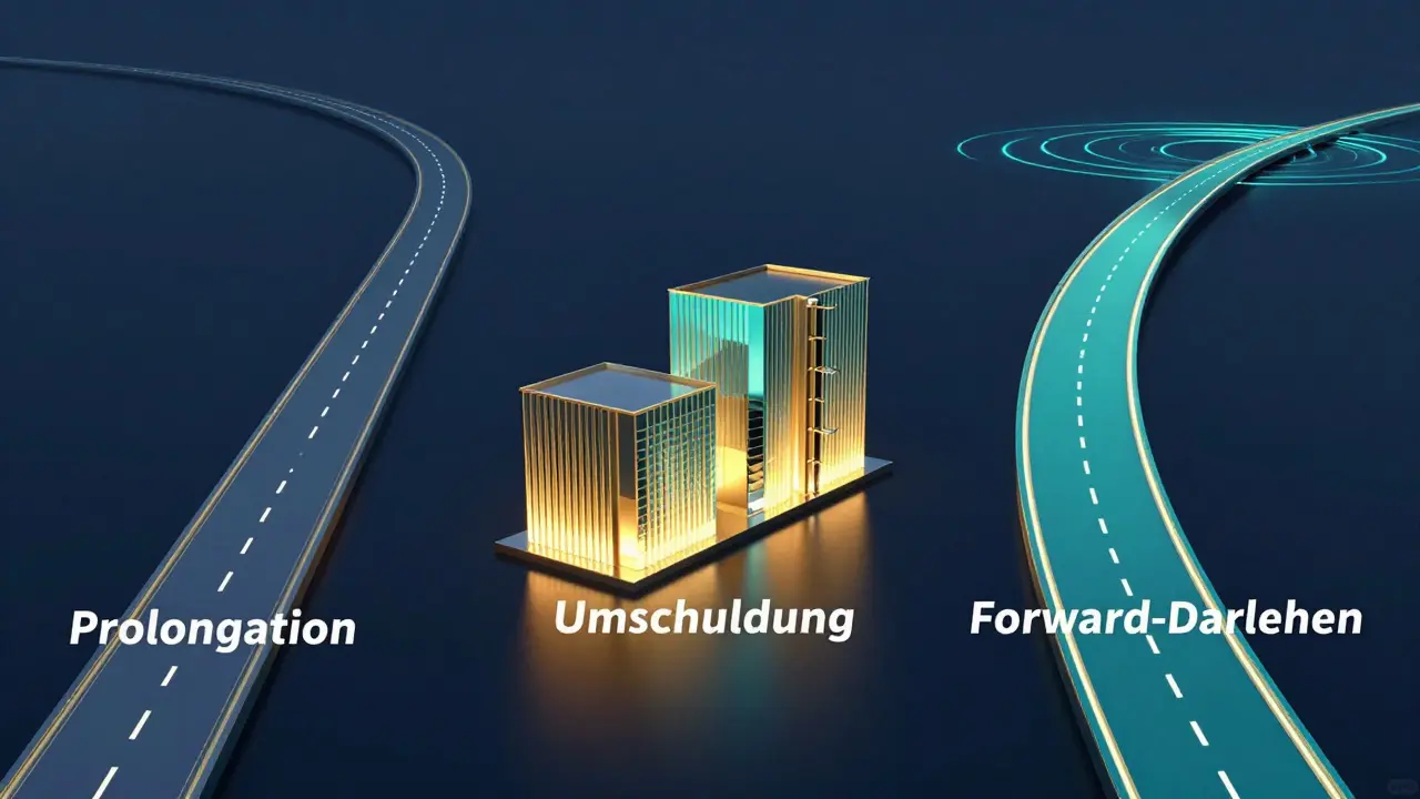 Konzeptuelle Darstellung der drei Optionen: Prolongation, Umschuldung und Forward-Darlehen.
